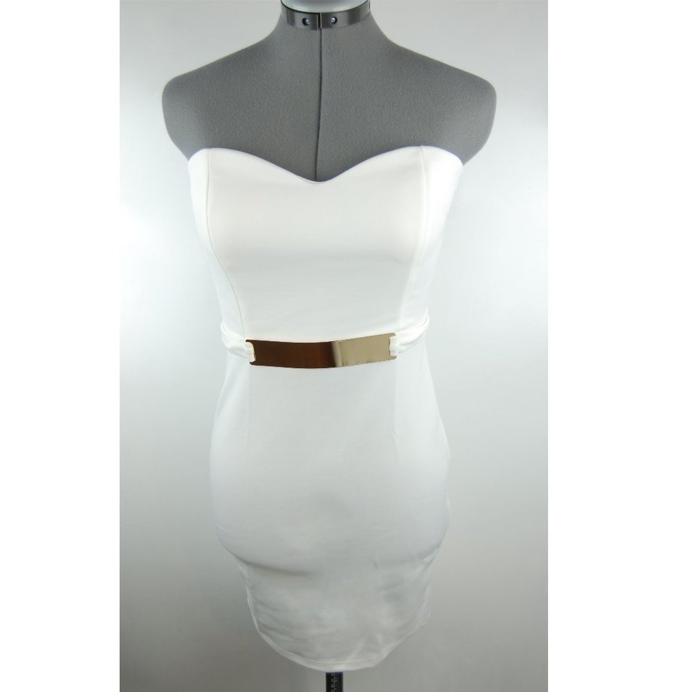 White Stretch Bodycon Gold Plate Belt Mini Dress